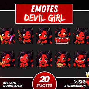 Puede incluir: Una colección digital de 20 emotes que presenta a un personaje de piel roja con cabello negro y cuernos. Los emotes muestran varias expresiones y acciones, incluyendo sostener barras luminosas, una pistola, un letrero que dice RAID, pizza y palomitas.