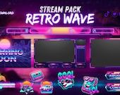 Animated Stream Pack Retro Wave, stream overlay, webcam overlay, twitch alert, screen overlay, emotes, panels, stream pack, Cheers, Retro.