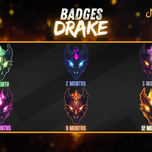 Può includere: Sei badge per canale Twitch che mostrano una testa di drago nera con accenti di diversi colori. I badge sono etichettati con il numero di mesi in cui uno spettatore si è iscritto al canale: 1 mese, 2 mesi, 3 mesi, 6 mesi, 9 mesi e 12 mesi.