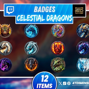 Twitch Celestial Dragons Badges, Fantasy Badge Pack, Dragons Badges for Discord, YouTube, Kick, Twitch, Mythical Subscriber Icons Set.