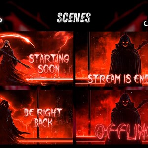 May include: A digital stream overlay set featuring four red-themed scenes with a hooded reaper figure holding a scythe. The text reads: "SCENES", "INSTANT DOWNLOAD", "STARTING SOON", "STREAM IS ENDING", "BE RIGHT BACK", "OFFLINE", and "4TDIMENSION".