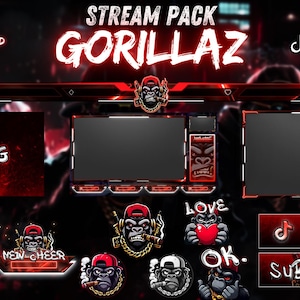 Pack de flux animé Gorillaz, superposition de flux, superposition de webcam, alerte Twitch, superposition d&#39;écran, émoticône Twitch, panneaux Twitch, pack de flux.
