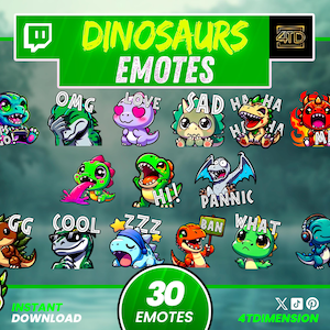 Puede incluir: Una colección de 30 emoticonos de dinosaurios con diversas expresiones, incluyendo "OMG", "Love" y "Sad". Los emoticonos son de colores vibrantes y presentan texto como "Hi!" y "What?" La imagen también incluye el texto "Dinosaurs Emotes."