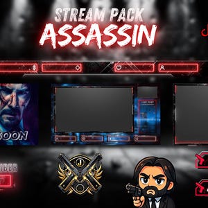 Animiertes Stream-Paket Overlay Assassin, Legendary Film, Twitch-Overlay-Paket, Kick-Stream, OBS-Stream-Paket, Streamlabs, Warnungen, Emotes.
