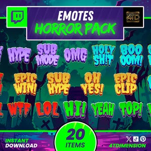 Horror Style Twitch Emotes Pack, spooky chat emotes, creepy streamer emojis, fun expression emotes for Twitch, YouTube, Discord, Halloween.