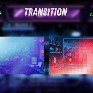 May include: Digital art featuring a gaming setup with a futuristic aesthetic. The word "TRANSITION" is displayed in white, with the text "INSTANT DOWNLOAD" above a Twitch icon. The scene is split into two halves, one blue and one red.