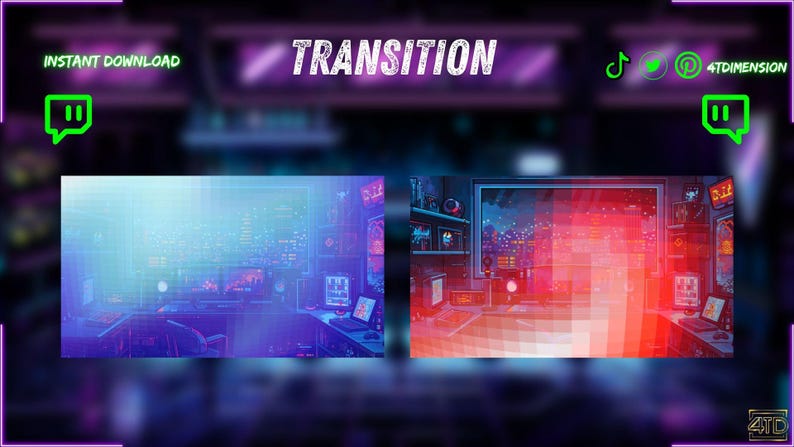 May include: Digital art featuring a gaming setup with a futuristic aesthetic. The word "TRANSITION" is displayed in white, with the text "INSTANT DOWNLOAD" above a Twitch icon. The scene is split into two halves, one blue and one red.