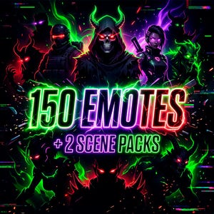 May include: Digital art featuring a dark fantasy theme with neon green and red accents. The image displays several characters with glowing eyes and a central figure with a skull face. Text reads "150 Emotes + 2 Scene Packs".