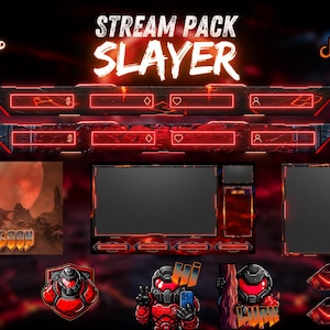 Animated Slayer Stream Pack, demonic stream overlay, webcam overlay, twitch alerts, screen overlay, emotes, Panels, Twitch, YouTube, Kick.