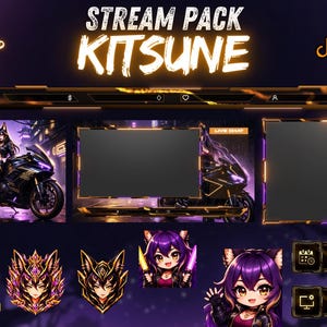 Puede incluir: Un paquete de transmisión digital titulado "Kitsune" con un esquema de color púrpura y dorado. El paquete incluye superposiciones animadas, alertas y paneles. Los gráficos presentan un personaje de anime femenino con orejas de zorro y una motocicleta. El texto incluye "Starting Soon" y "New Donation."