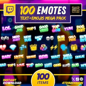 Twitch Emotes Mega Pack 100 Emotes, static chat emotes text and emoji, streamer emote bundle for Twitch, OBS, Discord, YouTube, kick.