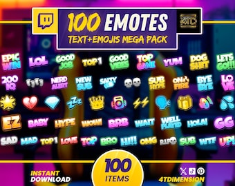 Twitch Emotes Mega Pack 100 Emotes, static chat emotes text and emoji, streamer emote bundle for Twitch, OBS, Discord, YouTube, kick.