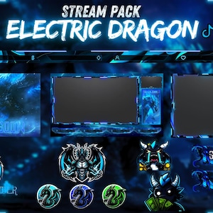 May include: A blue and black Twitch stream pack with the text "ELECTRIC DRAGON" and "STREAM PACK" in white. The pack includes a scene with a blue dragon, a webcam overlay, a chat box, a subscribe button, a donate button, and a new subscriber alert.