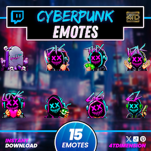 May include: A digital art graphic featuring cyberpunk-themed emotes. The emotes have a neon color scheme with a black background. The text "CYBERPUNK EMOTES" is at the top. The image also includes the text "INSTANT DOWNLOAD" and "15 EMOTES".