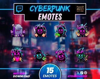 Cyberpunk Twitch Emotes Pack for Twitch, Animated And Static Emotes for Twitch, Kick. Gamer Neon Skulls Emoticons Bundle, Neon Animated.