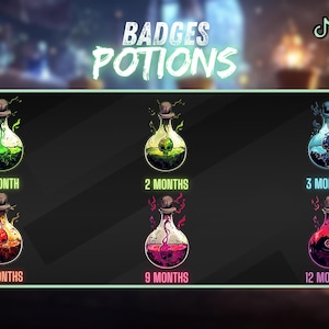 May include: Six potion bottle badges for Twitch, with a skull inside each bottle. The bottles are different colours, with text below each indicating the number of months for each badge: 1 month, 2 months, 3 months, 6 months, 9 months, and 12 months.