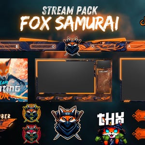 Animated Stream Pack Fox Samurai, stream overlay, webcam overlay, twitch alert, screen overlay, emotes, panels, stream pack, Cheers, Furry.