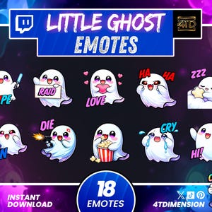 Puede incluir: Un conjunto de 18 emotes de fantasmas digitales con diversas expresiones y acciones. Los emotes incluyen frases como "HYPE", "RAID", "LOVE" y "DIE". El título "LITTLE GHOST EMOTES" se muestra en la parte superior. La imagen también incluye el texto "INSTANT DOWNLOAD".