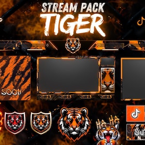 May include: Orange and black tiger-themed Twitch stream pack with a starting soon screen, new follower alert, and a subscribe button. The pack also includes a chat box, a screen for displaying the stream, and a social media banner.