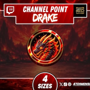 May include: A circular digital graphic featuring a detailed dragon head with red and orange scales and glowing eyes, centered within a metallic red frame. The text CHANNEL POINT DRAKE appears at the top, with 4 SIZES and 4TDIMENSION at the bottom.