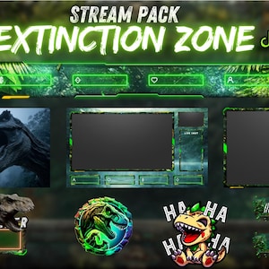 May include: A digital stream pack titled "Extinction Zone" with a dinosaur theme. The design features a green and black color scheme with dinosaur graphics, including a T-Rex. Includes "Starting Soon" and "New Subscriber" screens.