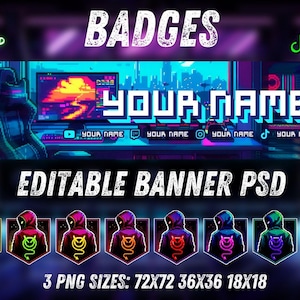May include: Digital design featuring a gaming-themed banner with the text "YOUR NAME" in a pixelated font. Includes editable banner PSD and badges in various colors, with sizes 72x72, 36x36, and 18x18.