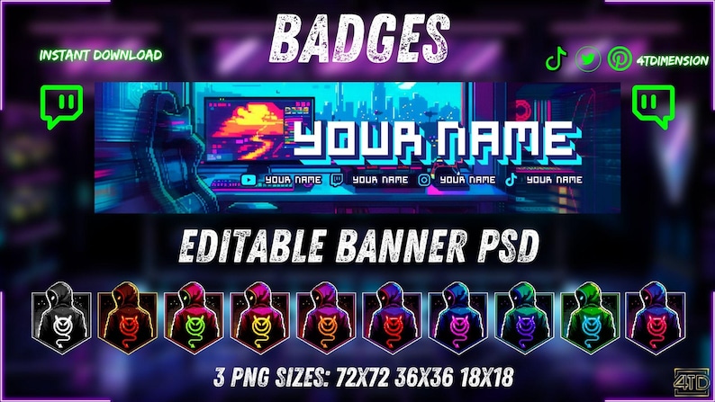 May include: Digital design featuring a gaming-themed banner with the text "YOUR NAME" in a pixelated font. Includes editable banner PSD and badges in various colors, with sizes 72x72, 36x36, and 18x18.