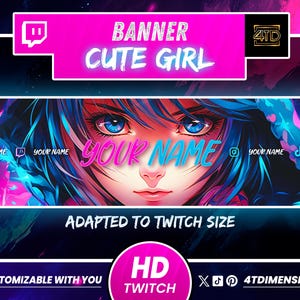 May include: A Twitch banner template featuring a colorful anime-style illustration of a girl with blue hair and blue eyes. The banner is pink, blue, and black with the text "BANNER CUTE GIRL" and "YOUR NAME" in a neon font. The banner is adapted to Twitch size and is customizable.