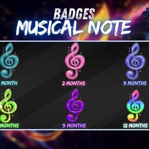 May include: Six Twitch channel badges featuring a musical note in different colours. The badges are for 1, 2, 3, 6, 9, and 12 months.