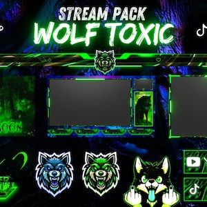 Op de afbeelding: Groen en zwart Twitch-streampakket met de tekst "STREAM PACK WOLF TOXIC" en een wolfgrafiek. Het pakket bevat een startscherm, een scherm voor nieuwe abonnees en sociale media-pictogrammen voor YouTube, TikTok en Twitch.
