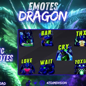 Puede incluir: Nueve emoticonos de texto estáticos con un dragón azul con detalles verdes. Los emoticonos incluyen las palabras: "Ban", "Thx", "Mad", "Cry", "Love", "Wait", "Toxic", "Dead", y "Donuts".