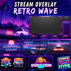Pack Overlay Stream Retro Wave Synthwave Animado, Twitch OBS Streamlabs, Alertas Paneles Emotes Banner (Descarga Digital)