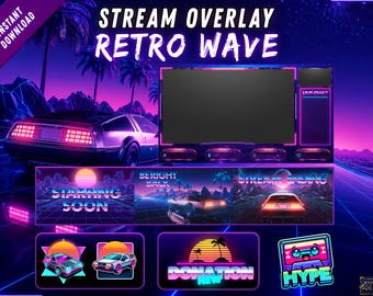 Pack de Overlay Animado Retro Wave Synthwave para Twitch y OBS con Alertas, Paneles, Emotes y Banner (Descarga Digital)