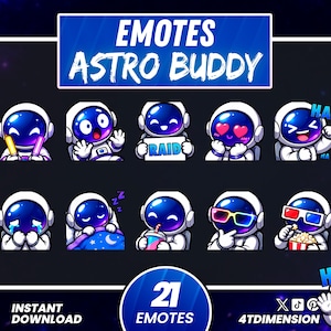 Könnte beinhalten: Eine digitale Sammlung von 21 Astro Buddy Emotes, die einen weißen Astronauten mit blauem Visier in verschiedenen Posen zeigen, darunter mit Leuchtstäben, schlafend, Popcorn essend und mit 3D-Brille, mit dem Text EMOTES ASTRO BUDDY.