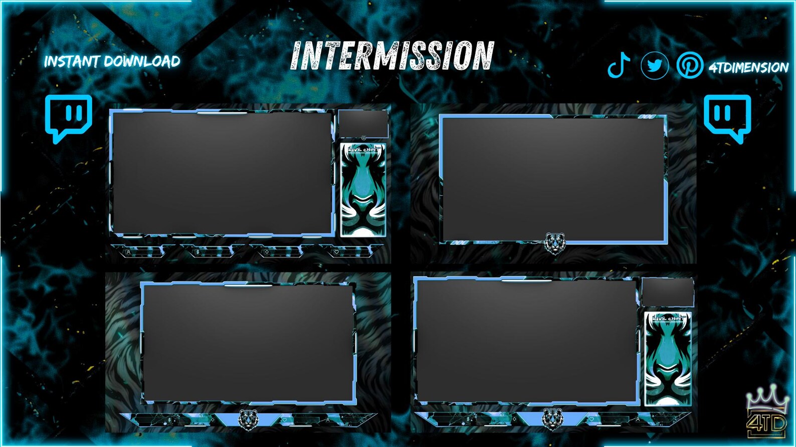 Tiger Rip Overlay Cyan Tiger Twitch Overlay Animated, Blue Neon Stream Pack, Webcam ...