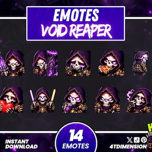 Puede incluir: Un conjunto de 14 emotes digitales con un personaje de la Parca en varias poses. La Parca tiene una cara de calavera, con una capa con capucha morada y una armadura dorada. El texto dice "EMOTES VOID REAPER" y "14 EMOTES".
