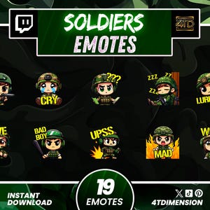 May include: A digital graphic featuring 19 cartoon soldier emotes with various expressions and actions. The emotes include phrases like "LET'S GO!", "CRY", "LOVE", "BAD BOY", "UPSS", "MAD", and "WOW". The image also includes the text "SOLDIERS EMOTES" and "INSTANT DOWNLOAD".