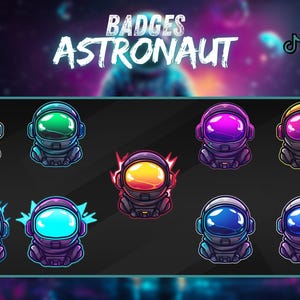 宇宙飛行士サブバッジ、ギャラクシーアストロサブバッジ、宇宙飛行士バッグデス、宇宙飛行士ビットバッジ、ツイッチチャンネルバッジ、ビットバッジ。