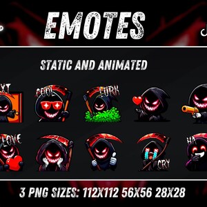 May include: A digital collection of grim reaper emotes featuring a dark hooded figure with glowing red eyes and a sharp grin. The set includes various expressions and actions like holding a scythe, popcorn, hearts, and text labels like NEXT, COOL, LURK, HAPPY, HI, LOVE, CRY, and HA.