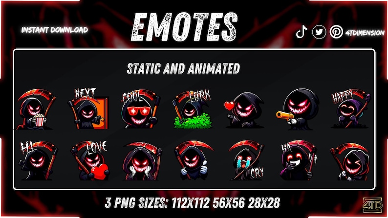 May include: A digital collection of grim reaper emotes featuring a dark hooded figure with glowing red eyes and a sharp grin. The set includes various expressions and actions like holding a scythe, popcorn, hearts, and text labels like NEXT, COOL, LURK, HAPPY, HI, LOVE, CRY, and HA.