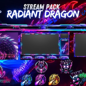 Peut inclure: Un pack de diffusion vibrant en violet et bleu avec un motif de dragon. Le pack comprend un écran de début imminent, une alerte de nouveau follower et une variété d'autres éléments. Le texte "STREAM PACK RADIANT DRAGON" est affiché en haut de l'image.