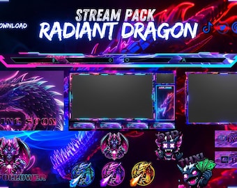 Animated Stream pack Radiant Dragón Neon, stream overlay, webcam overlay, twitch alerts, screen overlay, twitch emote, panels, stream pack
