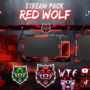 Animated Stream pack Red Wolf, stream overlay, webcam overlay, twitch alerts, screen overlay, twitch emote, twitch panels, stream pack.