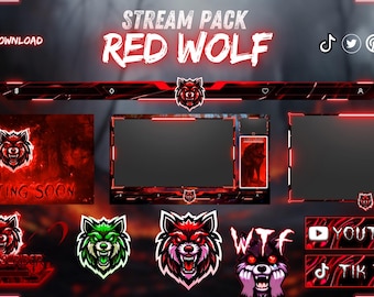 Animated Stream pack Red Wolf, stream overlay, webcam overlay, twitch alerts, screen overlay, twitch emote, twitch panels, stream pack.