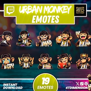 Puede incluir: Un conjunto de 19 "Urban Monkey Emotes" con diversas expresiones, incluyendo "MAD", "CRY" y "HA". Cada mono lleva una gorra y una cadena de oro. La imagen incluye el texto "INSTANT DOWNLOAD" y "4TDIMENSION HI!"