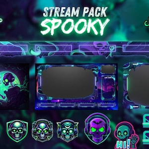 Animated Stream Pack Spooky Horror, stream overlay, webcam overlay, twitch alert, screen overlay, Animated emotes, panels, Cheers, Youtube.
