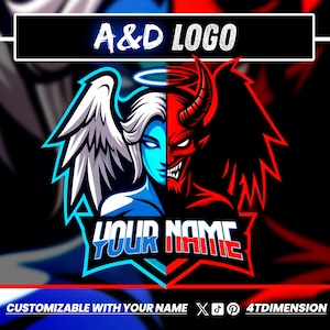 Puede incluir: Un gráfico digital con un diseño dividido de un ángel y un diablo. El lado del ángel es azul y blanco, mientras que el lado del diablo es rojo y negro. El texto "A&D LOGO" está en la parte superior y "YOUR NAME" en la parte inferior. Las palabras "CUSTOMIZABLE WITH YOUR NAME" están en la parte inferior.