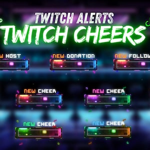 May include: A digital graphic with the text "TWITCH ALERTS TWITCH CHEERS" in neon green. The image features several animated alert boxes with text like "NEW HOST" and "NEW FOLLOWER". The background is a mix of purple and blue.