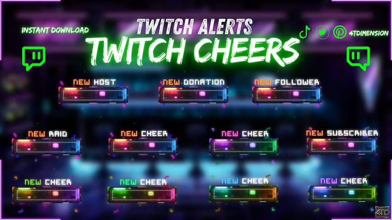 May include: A digital graphic with the text "TWITCH ALERTS TWITCH CHEERS" in neon green. The image features several animated alert boxes with text like "NEW HOST" and "NEW FOLLOWER". The background is a mix of purple and blue.