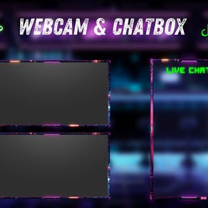 May include: Digital overlay design for streaming, featuring a dark background with neon purple and blue accents. The design includes sections for webcam and chat, with the text "Webcam & Chatbox" and "Live Chat".